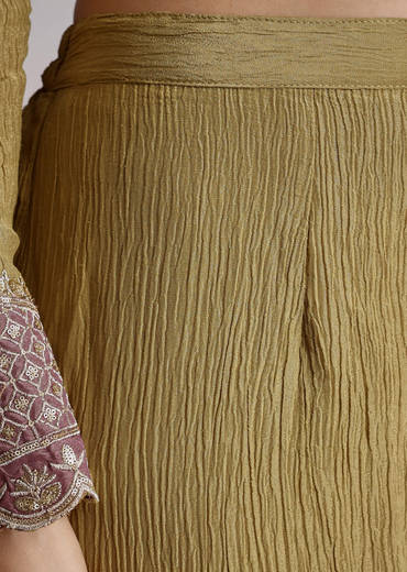 Mehendi Green Crush Tissue Sharara Suit With Zari Sequins