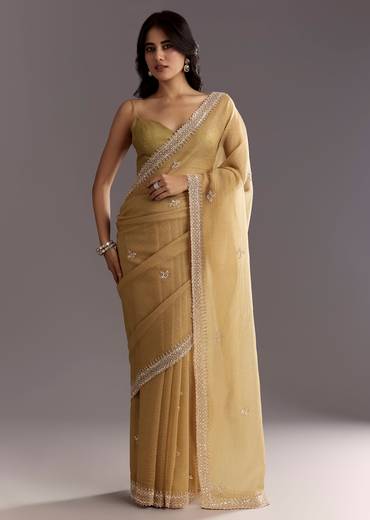 Mehendi Green Crushed Tissue Saree With Cutwork Embroidered Border