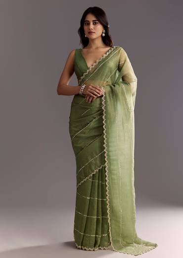 Mehendi Green Crushed Tissue Saree With Embroidered Scallop Border