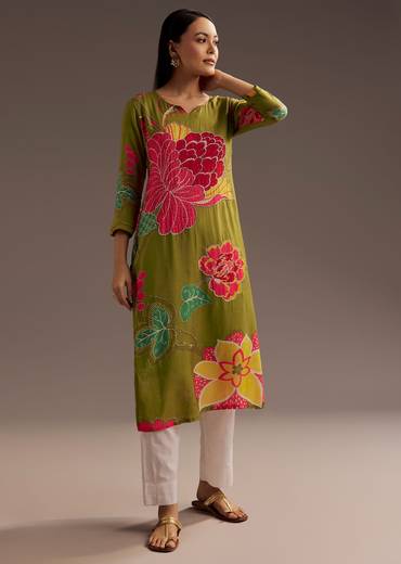 Mehendi Green Floral Print Crepe Kurta With Beads Detailing