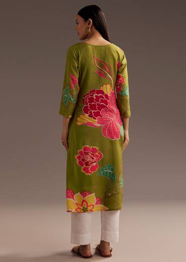 Mehendi Green Floral Print Crepe Kurta With Beads Detailing