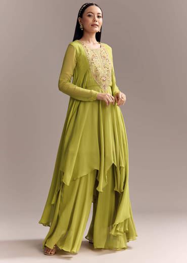 Mehendi Green Georgette Indo Western Kurta And Palazzo Set With Embroidery