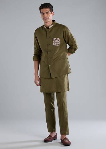Mehendi Green Kurta Jacket Set With Thread Resham Work