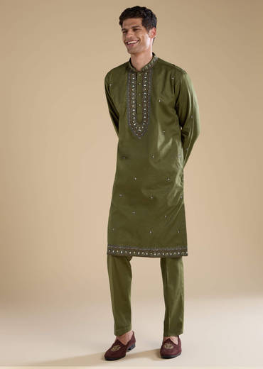 Mehendi Green Linen Straight Mens Kurta and Pant Set