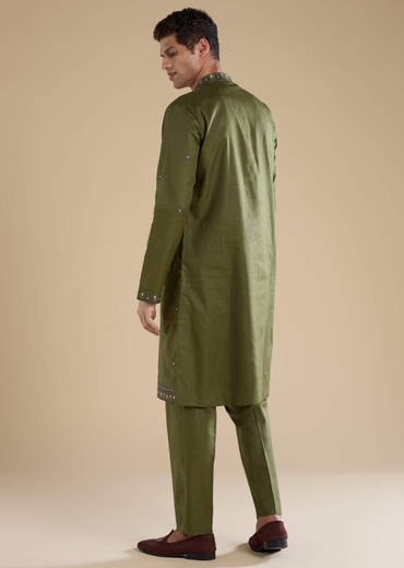 Mehendi Green Linen Straight Mens Kurta and Pant Set