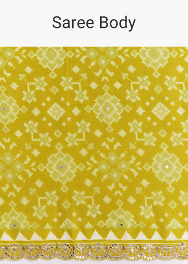 Mehendi Green Muslin Ajrakh Printed Saree With Gota And Mirror Work