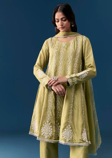 Mehendi Green Pastel Pakistani Style Peplum Anarkali Suit With Thread Work