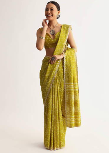 Mehendi Green Patola Printed Georgette Saree With Scallop Border