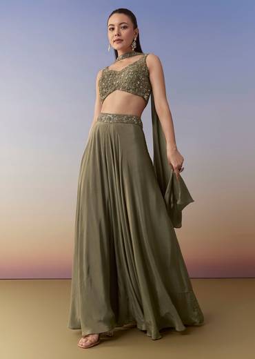 Mehendi Green Sequin Indo Western Crop Top Palazzo Set