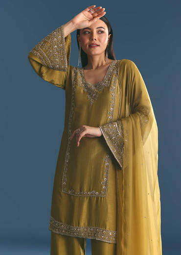 Mehendi Green Silk Sequin Kurta Palazzo Suit