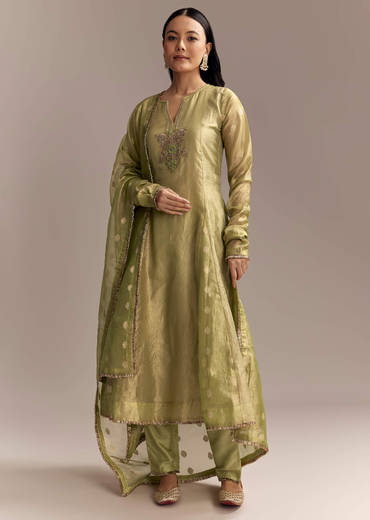 Mehendi Green Tissue Anarkali Suit With Zardosi Work