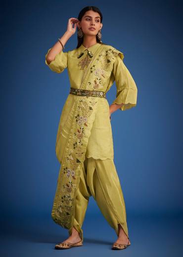 Mehendi Green Tissue Embroidered Dhoti Set