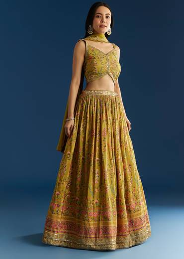 Mehendi Green Tissue Silk Lehenga With Zardosi Sequin Choli And Printed Dupatta
