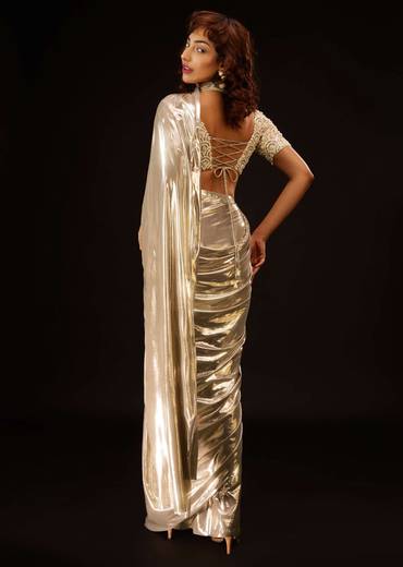Metallic Gold Pre-Pleated Saree In Lycra With An Embroidered Blouse - DEME X KALKI
