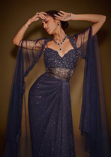Midnight Blue Corset Gown With Drape And Embroidered Cape