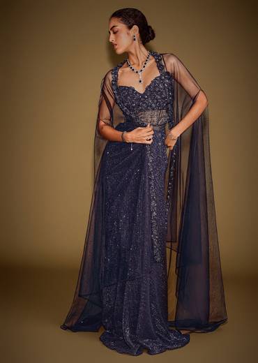 Midnight Blue Corset Gown With Drape And Embroidered Cape