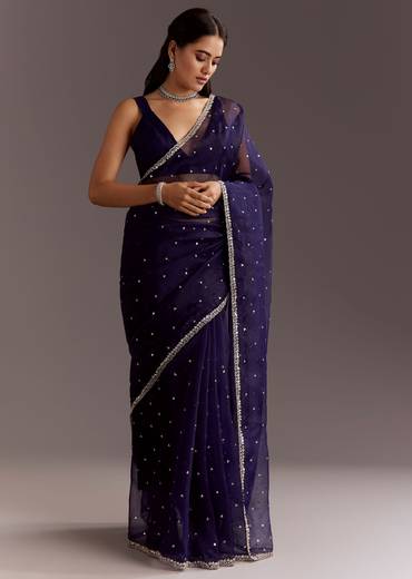 Midnight Blue Glass Tissue Saree With Cutdana And Sequins Scallop Border