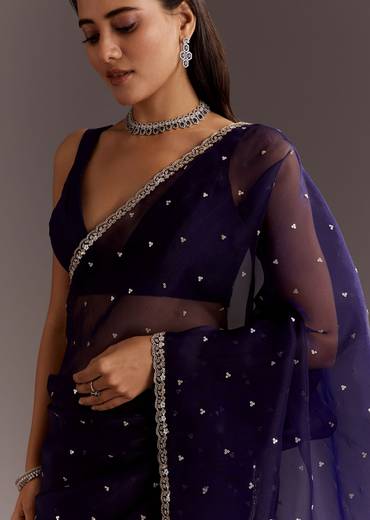 Midnight Blue Glass Tissue Saree With Cutdana And Sequins Scallop Border