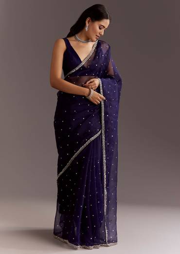 Midnight Blue Glass Tissue Saree With Cutdana And Sequins Scallop Border