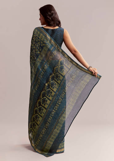 Midnight Blue Linen Printed Saree With Traditional Ajrakh Print