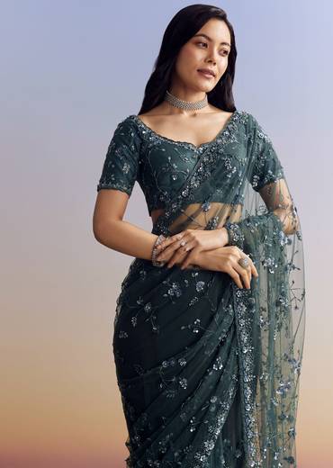 Midnight Blue Net Saree With Floral Jaal And Statement Embroidery