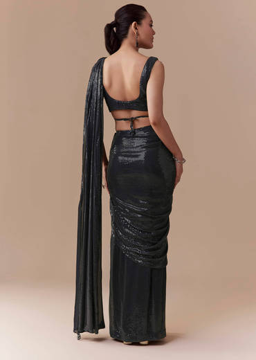 Midnight Blue Pre Pleated Saree with Sequins Blouse