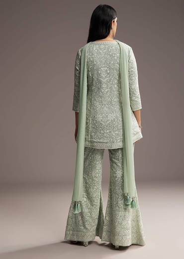 Mint Blue Georgette Palazzo Suit With Sequins And Resham Work