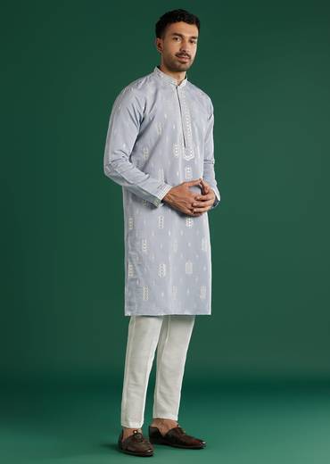 Mint Blue Silk Kurta Set For Men With Resham And Mirror Embroidery