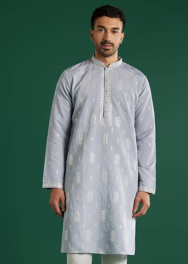 Mint Blue Silk Kurta Set For Men With Resham And Mirror Embroidery