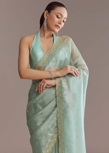 Mint Blue Tissue Saree With Sequin And Bead Embroidery