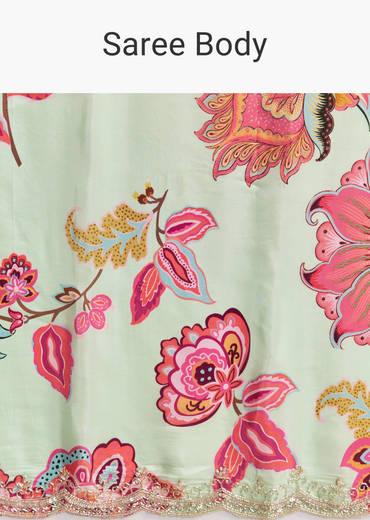 Mint Green Crepe Saree With Embroidered Scallop Border