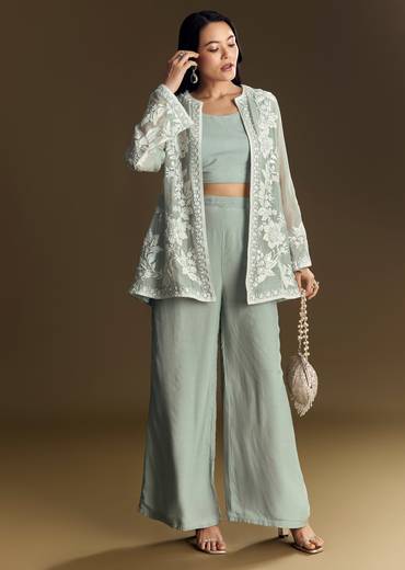 Mint Green Crop Top Set With Embroidered Organza Jacket