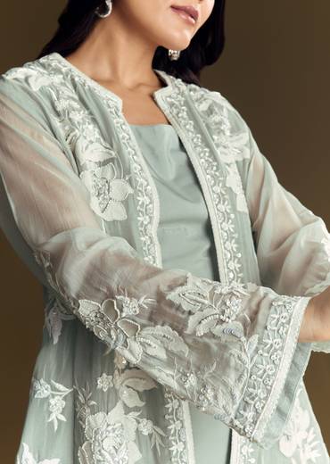 Mint Green Crop Top Set With Embroidered Organza Jacket