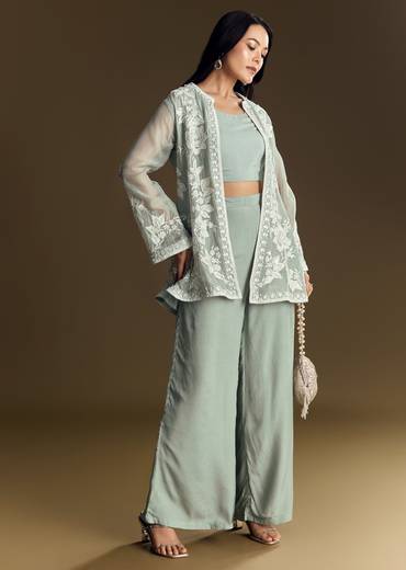 Mint Green Crop Top Set With Embroidered Organza Jacket