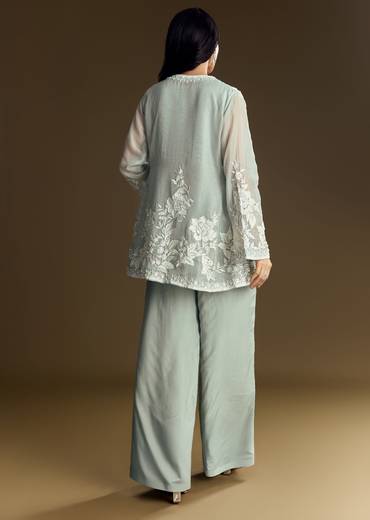 Mint Green Crop Top Set With Embroidered Organza Jacket