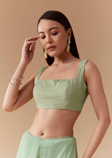 Mint Green Cutwork Embellished Saree with Unstitched Blouse