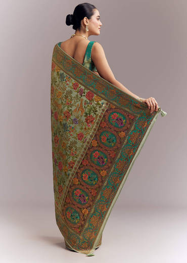 Mint Green Dola Silk Woven Saree With Embroidered Nature Motifs