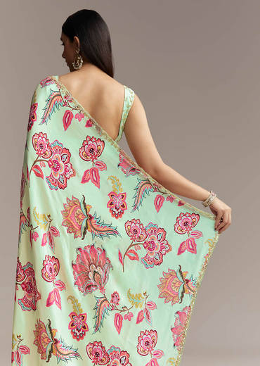 Mint Green Floral Crepe Saree With Scallop Border