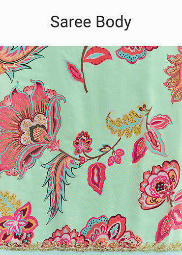 Mint Green Floral Crepe Saree With Scallop Border