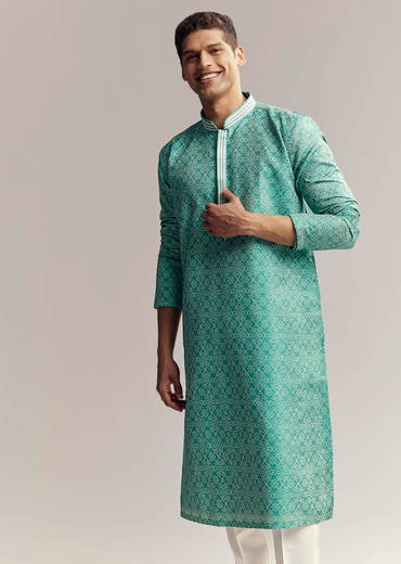 Mint Green Jacquard Kurta Set For Men