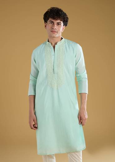 Mint Green Mens Kurta Set With Thread Detail