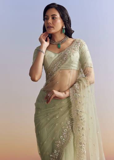 Mint Green Net Saree With Scallop Border And Heavy Embroidery