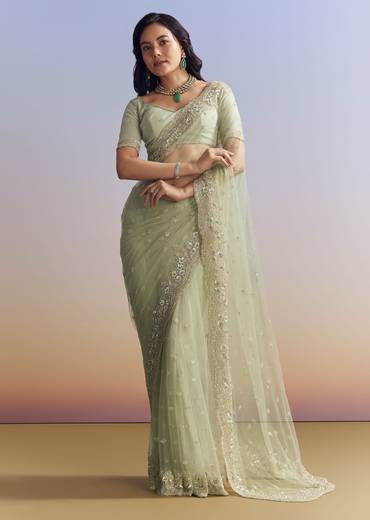 Mint Green Net Saree With Scallop Border And Heavy Embroidery