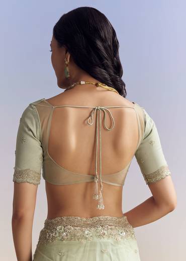 Mint Green Net Saree With Scallop Border And Heavy Embroidery