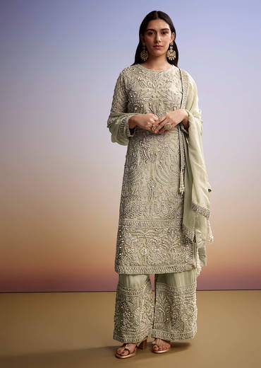 Mint Green Organza Palazzo Suit With Zari And Moti Work
