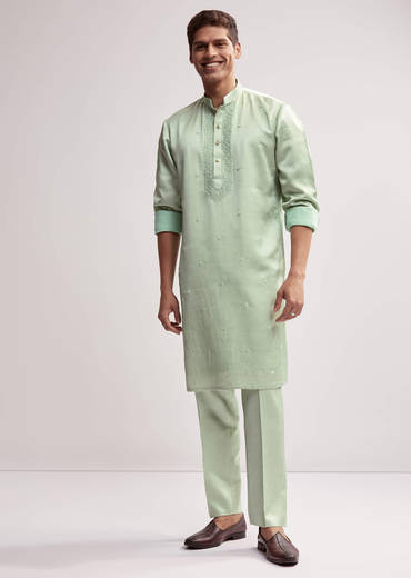 Mint Green Satin Blend Kurta Set For Men With Zardosi Embroidery