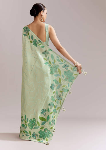 Mint Green Satin Printed Saree With Digital Florals