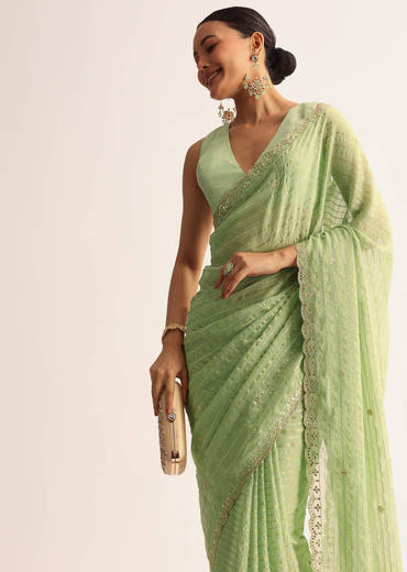 Mint Green Scallop Bordered Saree With Foil Printed Stripes