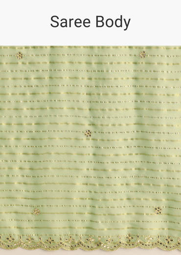 Mint Green Scallop Bordered Saree With Foil Printed Stripes