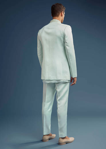 Mint Green Silk Jodhpuri Suit For Men With Zardosi Embroidery